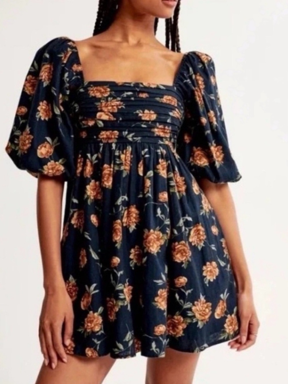 Abercrombie Floral Puff-Sleeve Mini Dress in Navy and Rust